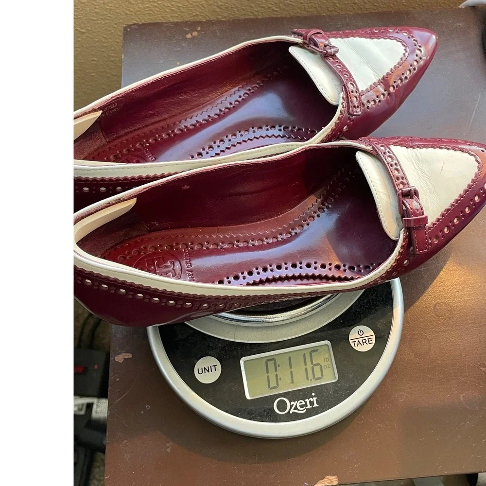 Tory Burch Burgundy White Wingtip Ballet Flats Women's Pointed Toe Buckle Detail